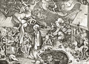 São Tiago, o Velho, combate os encantos diabólicos de um mago, gravados no século XVI, depois de uma composição de Brueghel, o Velho, de "Ciência e Literatura na Idade Média", de Pau de English School
